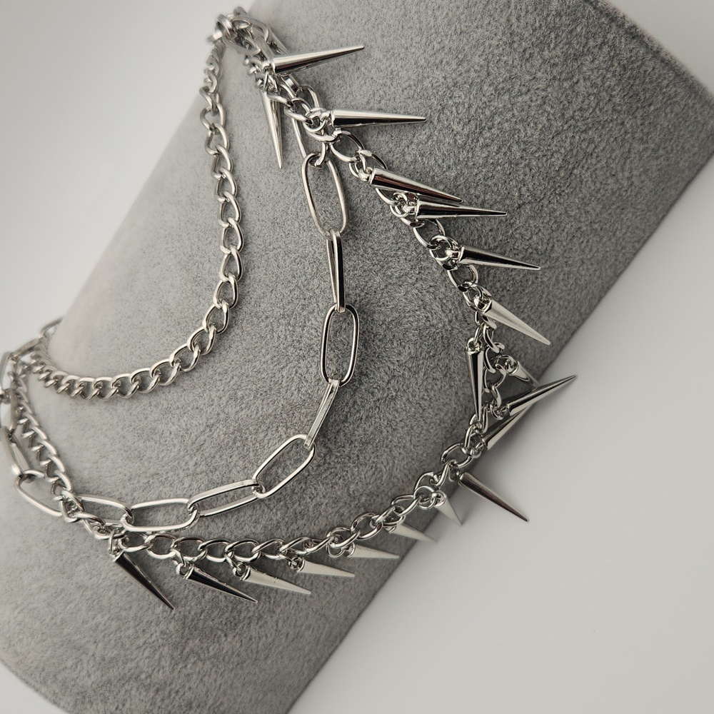 Silver Stainless Steel Layered Spike Chain Necklace – Waterproof & Tarnish Proof - Picture 2 of 4